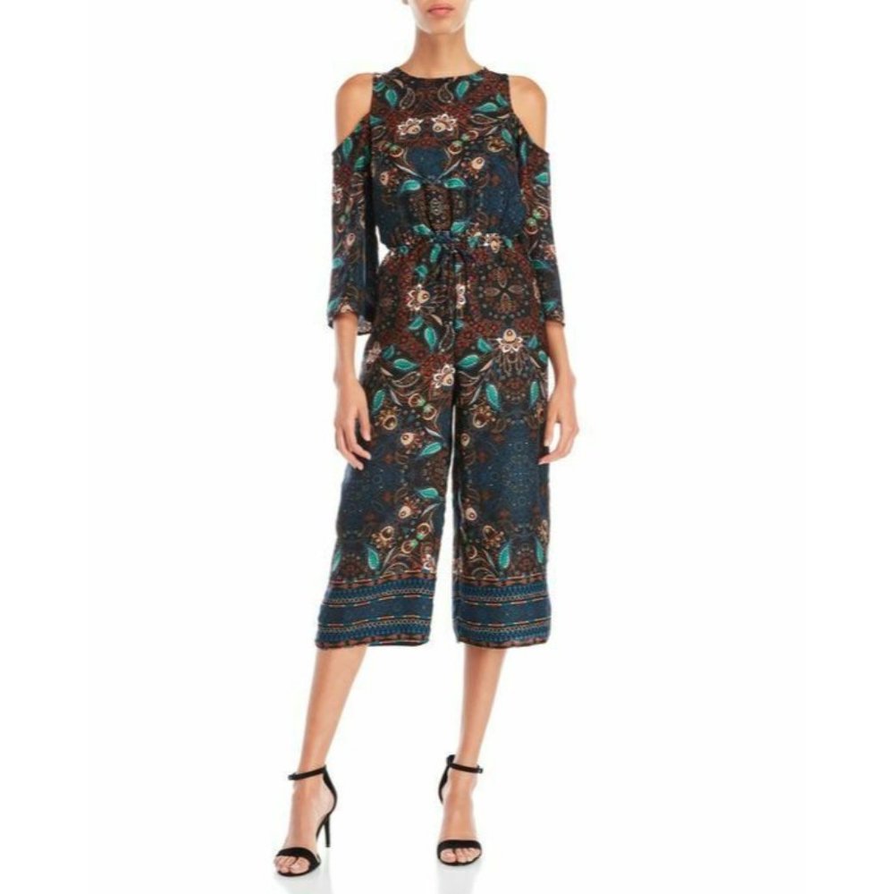 Be Bop Junior Size Small Cold Shoulder Gaucho Fleur Jumpsuit blue black green